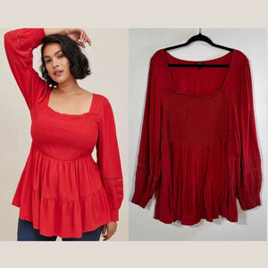 Torrid Babydoll Rayon Slub Lace Insert Smocked Tiered Top Women’s Size 3X Red
